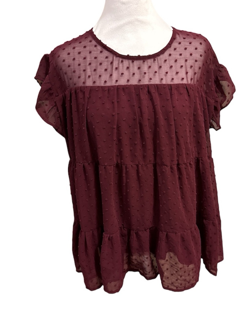 entro Burgundy Swiss Dot Baby Doll Sheer Mesh Flutter Cap Sleeves Tiered Flowy